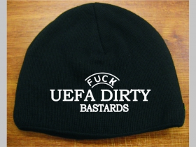 Fuck UEFA Dirty Bastards čierna pletená čiapka stredne hrubá vo vnútri naviac zateplená, univerzálna veľkosť, materiálové zloženie 100% akryl